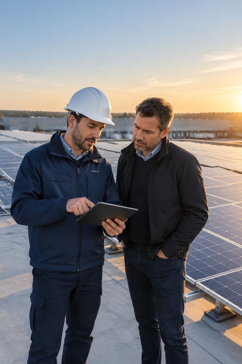Инженер Energy Evolution обсуждает проект станции с владельцем бизнеса на крыше склада