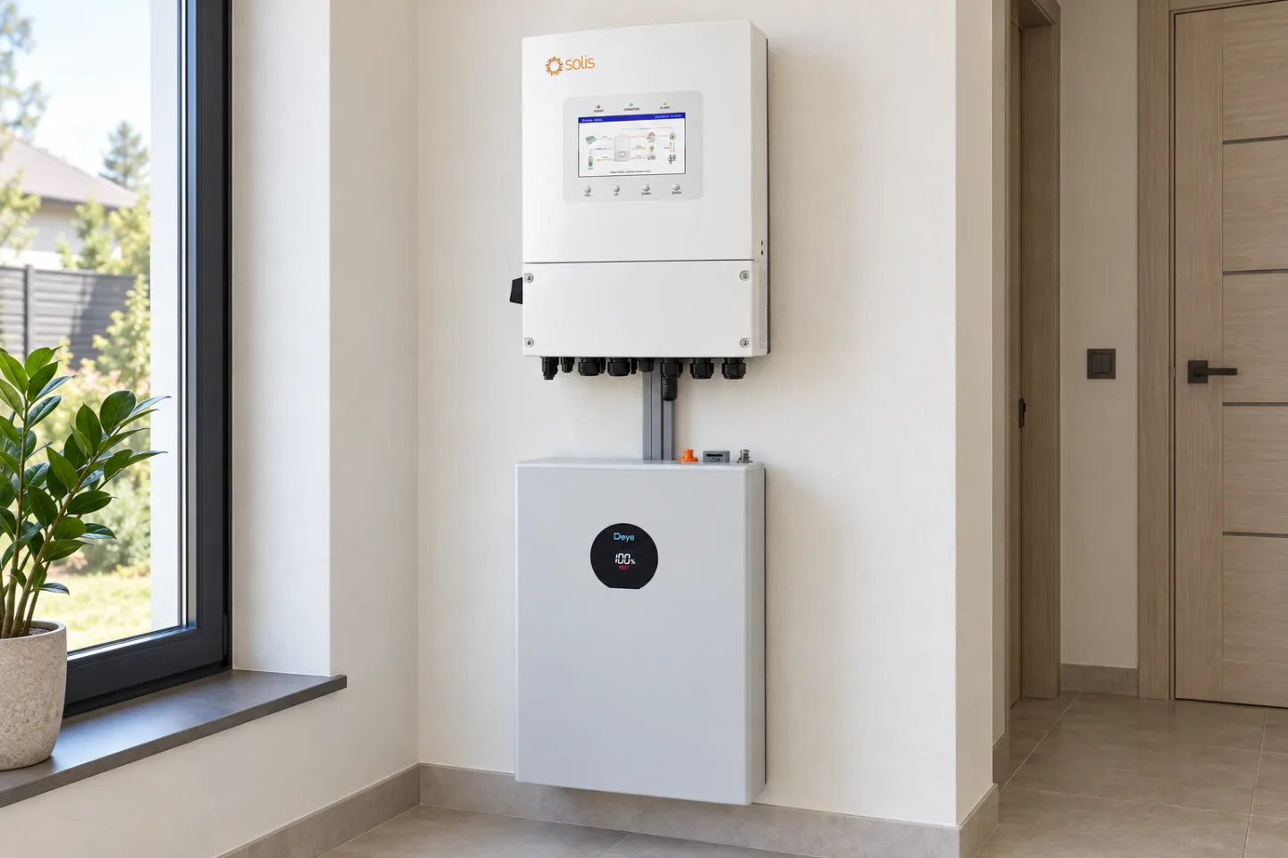 Инвертор Solis S6-EH1P6K-L-PLUS на стене, под ним батарея Deye SE-F5 Pro-C