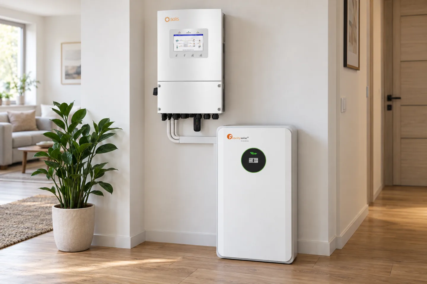 Инвертор Solis S6-EH1P6K-L-PLUS на стене коридора и рядом на полу батарея Felicity FLA48100