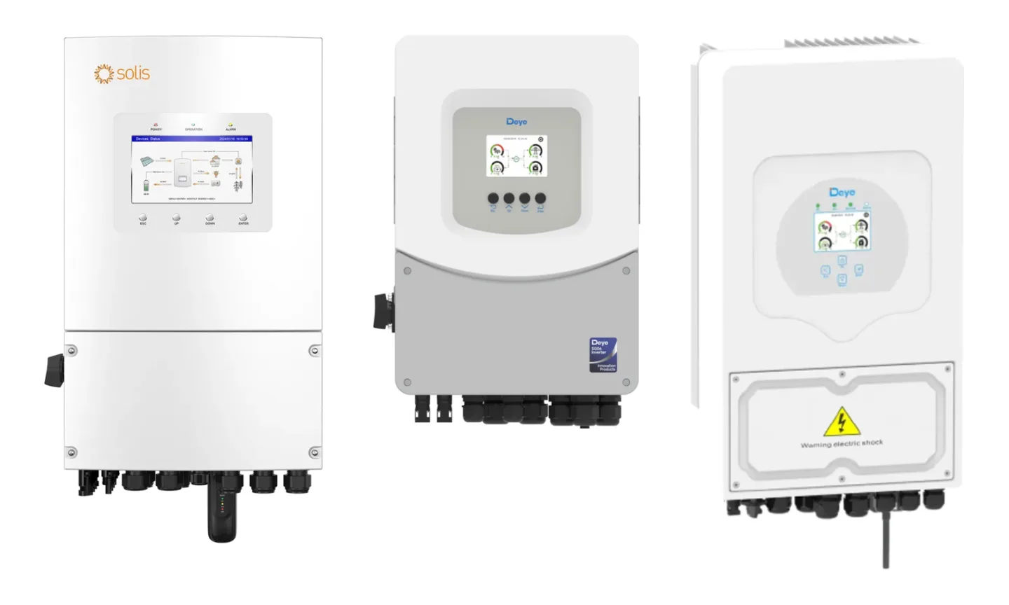 Инверторы Solis S6-EH1P6K-L-PLUS, Deye SUN-6K-SG06LP1-EU-BM2 и Deye SUN-6K-SG05LP1-EU рядом